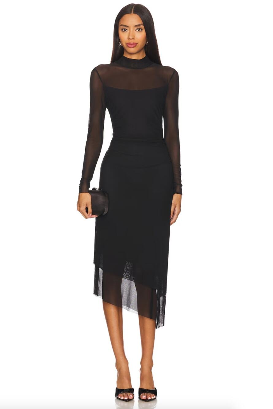 Steve Madden | Blare Dress in Black Mesh Asymmetric Overlay Midi Revolve XL
